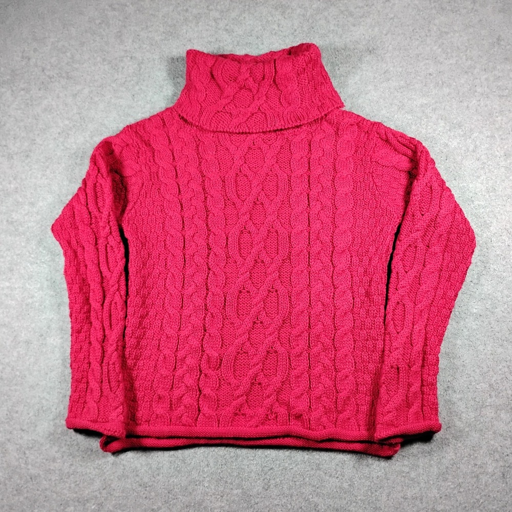 Inis Crafts Pink 100% Merino Wool Cable Knit Turtleneck Sweater Ireland Small
